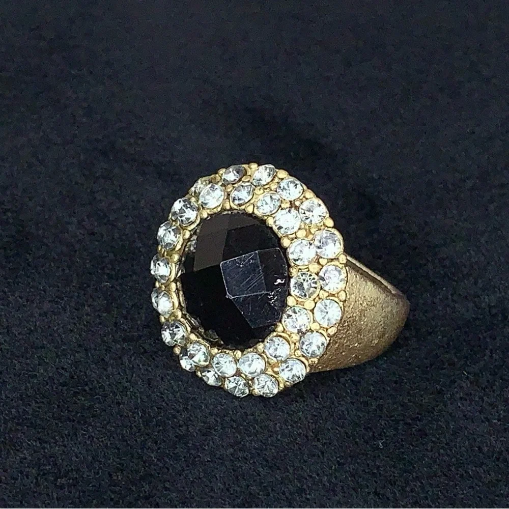Vintage Cocktail Ring Black Silver Rhinestone Accents Adjustable Fit Goth Glam
